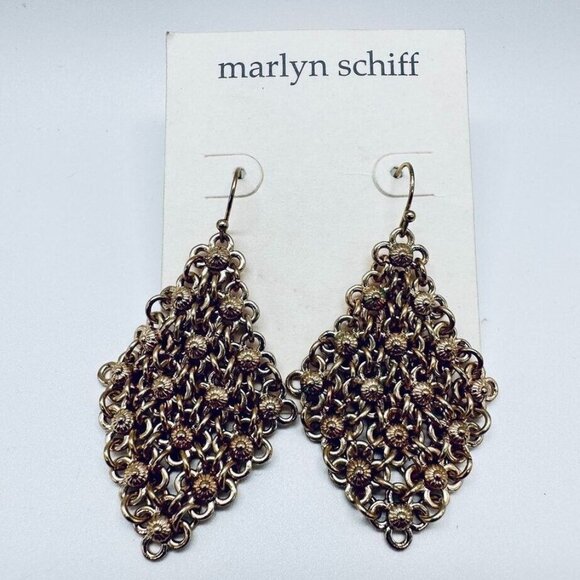 Marilyn Schiff 2" Pierced Earrings Gold Tone Mesh Diamond Shape Dangles New - Picture 1 of 9